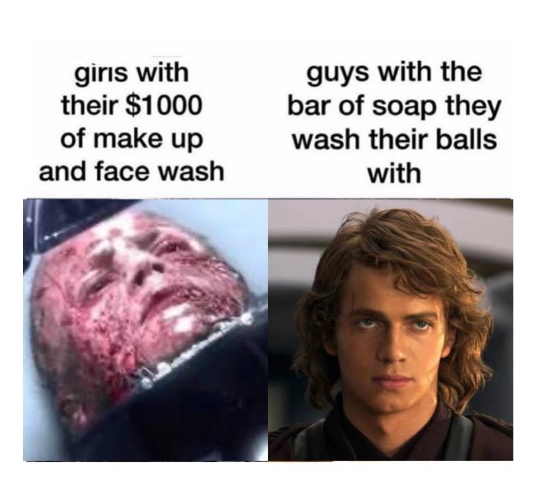 This meme is a humorous comparison between two groups of people. The top line reads "girls with $1000 to spend on makeup and a face full of it" and the bottom line reads "guys who wash their balls with soap". The image is likely a split-screen or side-by-side comparison, with the first image showing a woman with heavily made-up skin, and the second image showing a man with a scowl on his face, possibly holding a soap bar.